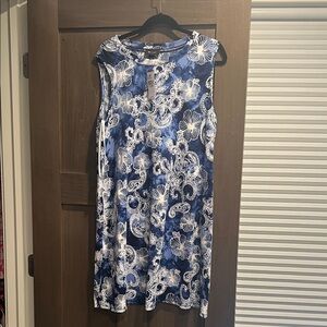 AB Studio Navy Blue and White Floral-Print Midi Dress